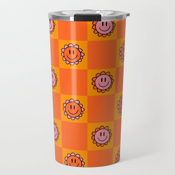 Orange Smiley Face Checkerboard Print Travel Mug Gallery Image 1