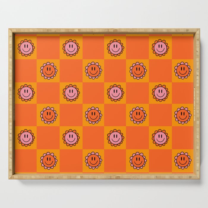 Orange Smiley Face Checkerboard Print Serving Tray Gallery Image 1