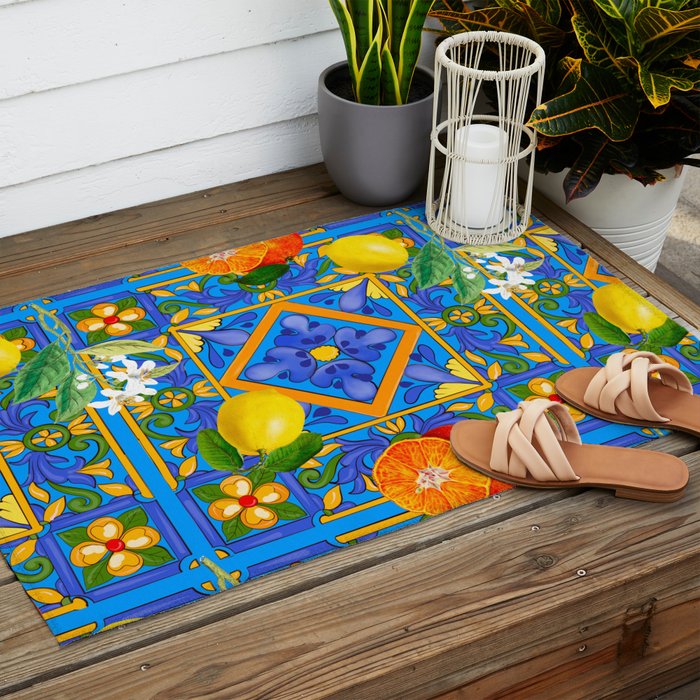 Summer ,Sicilian tiles ,citrus,oranges,majolica,lemons ,Mediterranean  Outdoor Rug Gallery Image 2