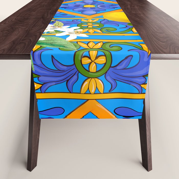 Summer ,Sicilian tiles ,citrus,oranges,majolica,lemons ,Mediterranean  Table Runner Gallery Image 1