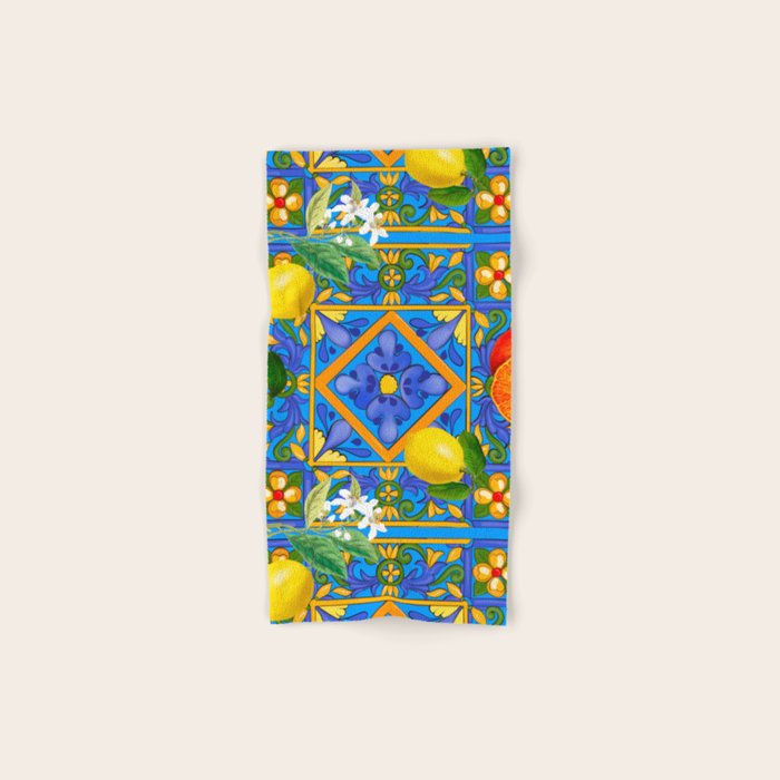Summer ,Sicilian tiles ,citrus,oranges,majolica,lemons ,Mediterranean  Bath Towel Gallery Image 1