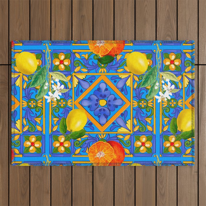Summer ,Sicilian tiles ,citrus,oranges,majolica,lemons ,Mediterranean  Outdoor Rug Gallery Image 1