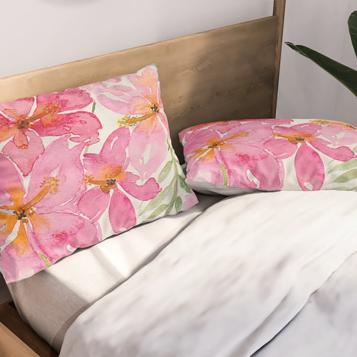 Tropical Pink Hibiscus Watercolor Flowers Pillow Sham Gallery Image 2