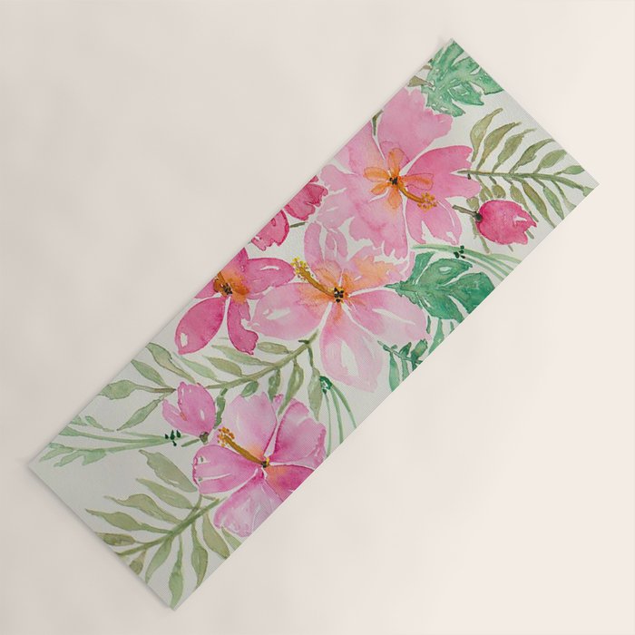 Tropical Pink Hibiscus Watercolor Flowers Yoga Mat Gallery Image 1