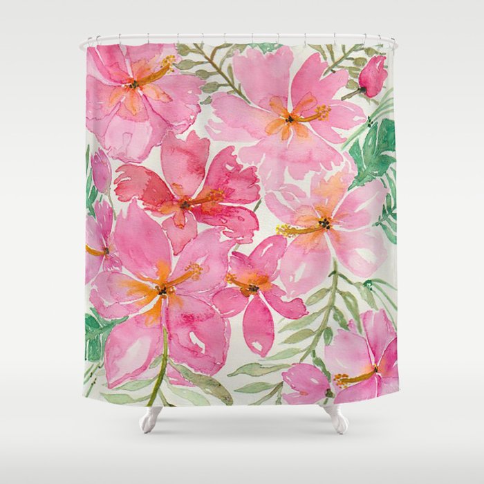 Tropical Pink Hibiscus Watercolor Flowers Shower Curtain Gallery Image 1