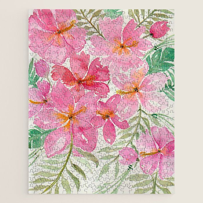 Tropical Pink Hibiscus Watercolor Flowers Jigsaw Puzzle Gallery Image 1