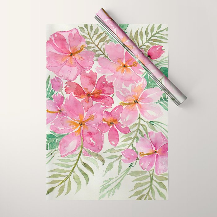 Tropical Pink Hibiscus Watercolor Flowers Wrapping Paper Gallery Image 1
