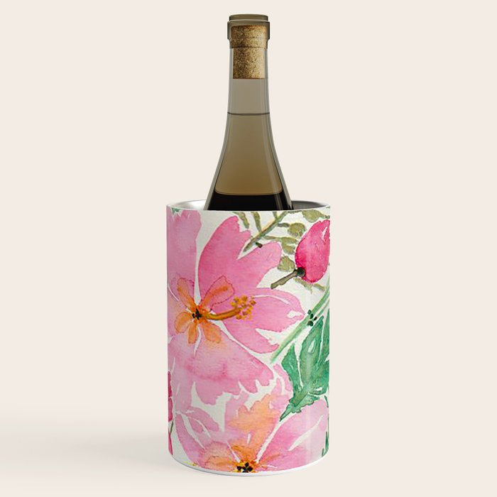 Tropical Pink Hibiscus Watercolor Flowers Wine Chiller Gallery Image 3