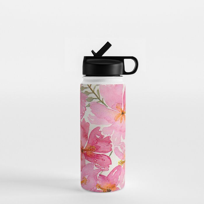 Tropical Pink Hibiscus Watercolor Flowers Water Bottle