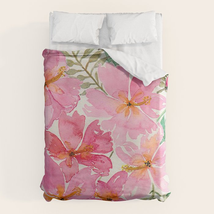 Tropical Pink Hibiscus Watercolor Flowers Duvet Cover Gallery Image 6
