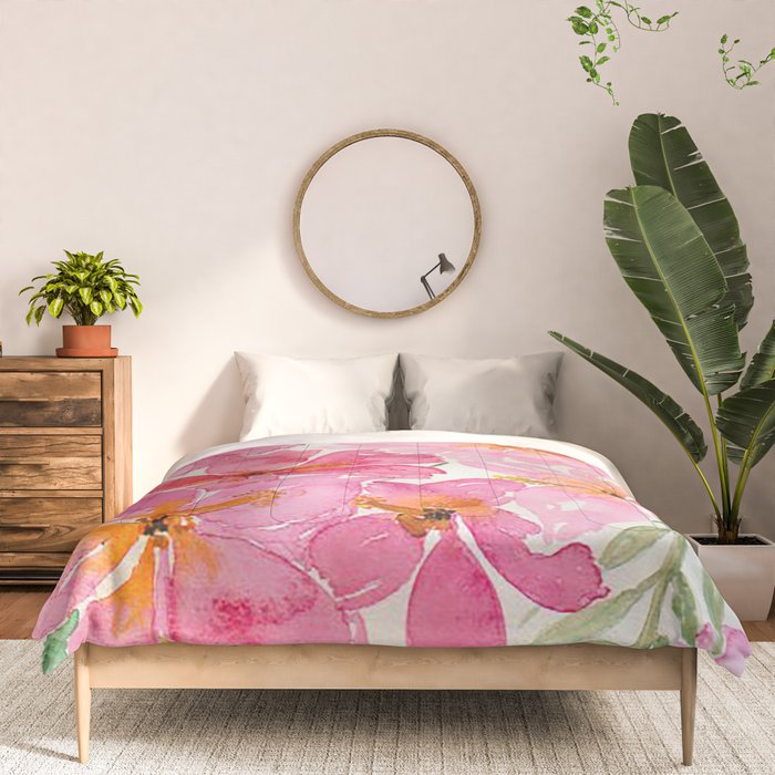 Tropical Pink Hibiscus Watercolor Flowers Comforter Gallery Image 3