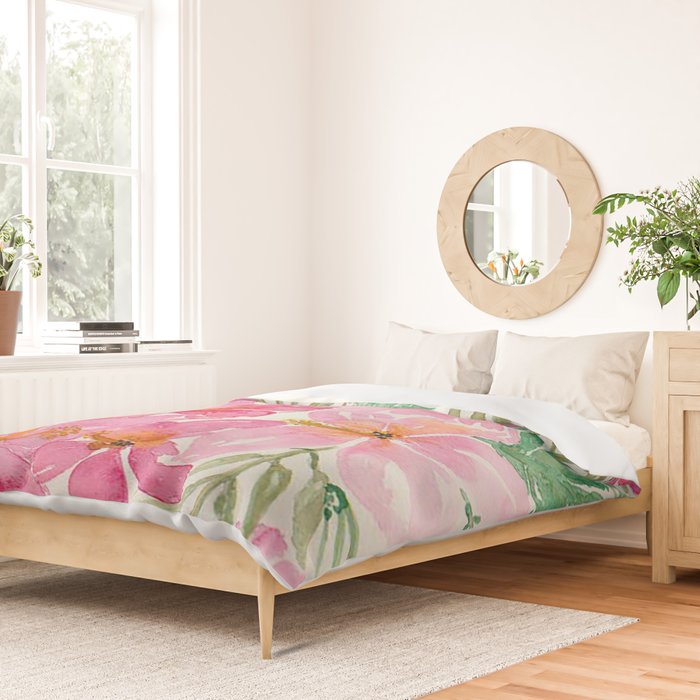 Tropical Pink Hibiscus Watercolor Flowers Duvet Cover Gallery Image 2