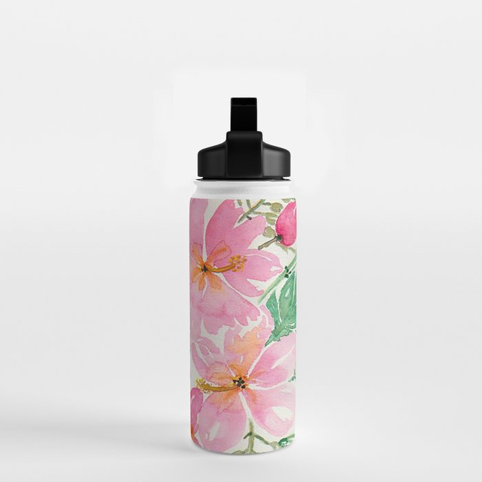 Tropical Pink Hibiscus Watercolor Flowers Water Bottle Gallery Image 2