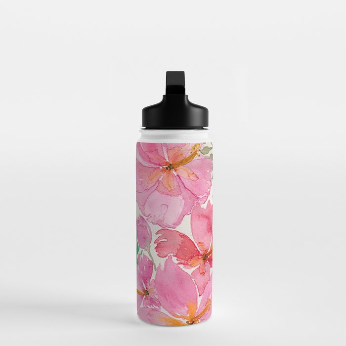 Tropical Pink Hibiscus Watercolor Flowers Water Bottle Gallery Image 3