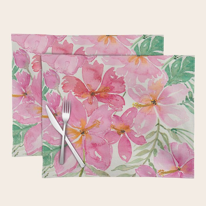 Tropical Pink Hibiscus Watercolor Flowers Placemat Gallery Image 1