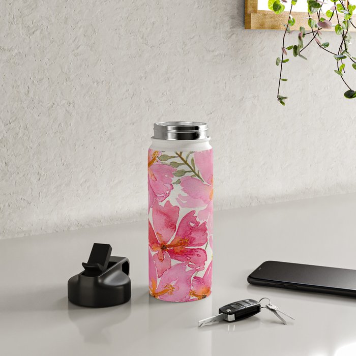 Tropical Pink Hibiscus Watercolor Flowers Water Bottle Gallery Image 4