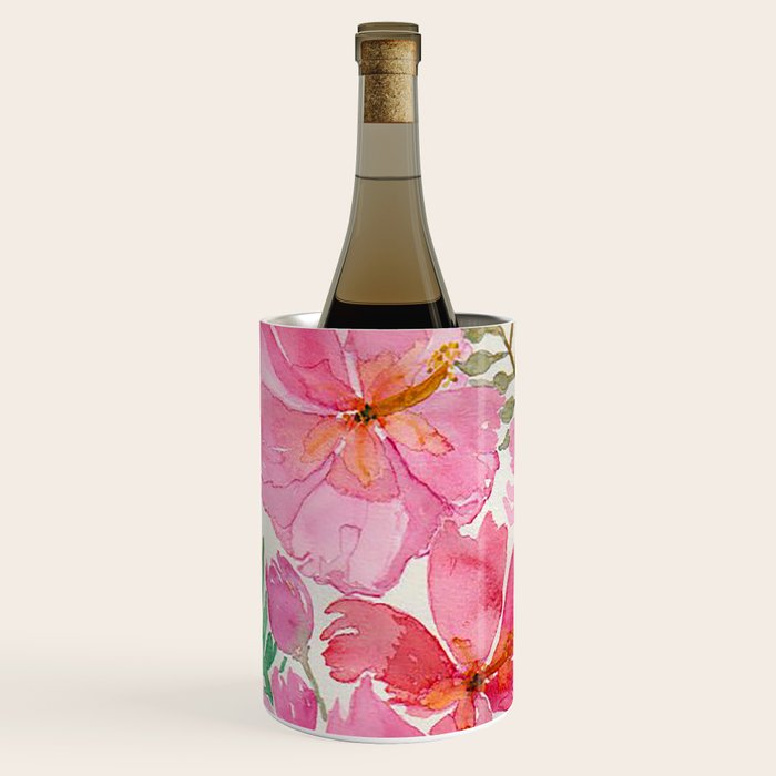 Tropical Pink Hibiscus Watercolor Flowers Wine Chiller Gallery Image 2