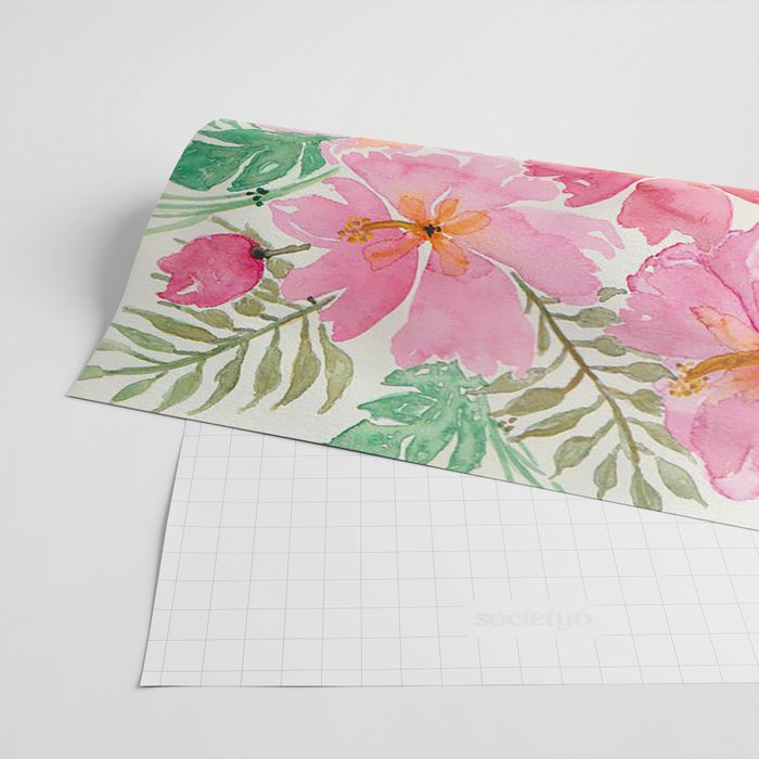 Tropical Pink Hibiscus Watercolor Flowers Wrapping Paper Gallery Image 2