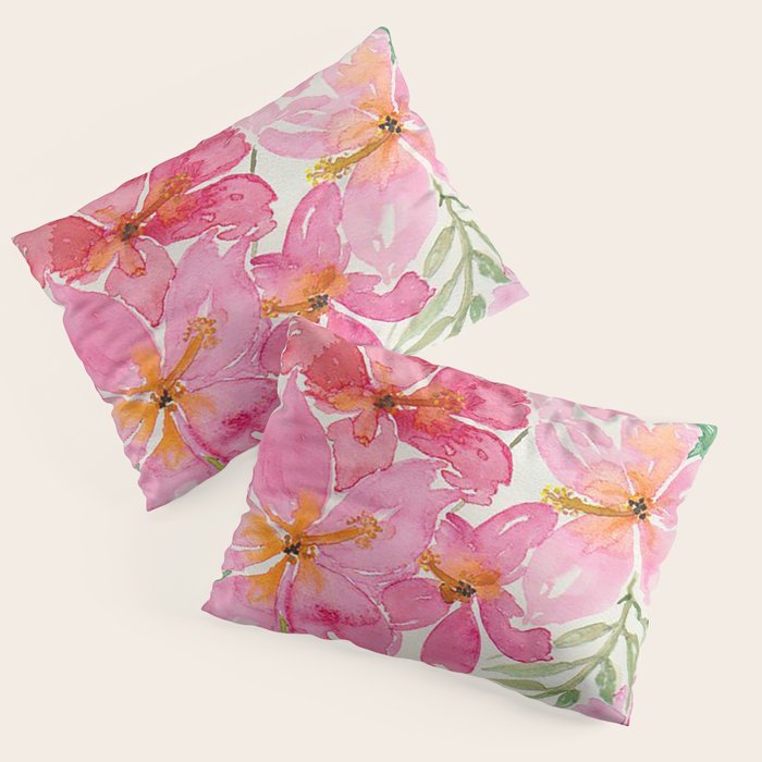 Tropical Pink Hibiscus Watercolor Flowers Pillow Sham Gallery Image 3