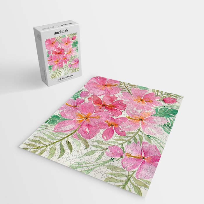 Tropical Pink Hibiscus Watercolor Flowers Jigsaw Puzzle Gallery Image 2