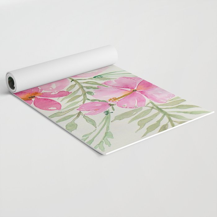 Tropical Pink Hibiscus Watercolor Flowers Yoga Mat Gallery Image 2