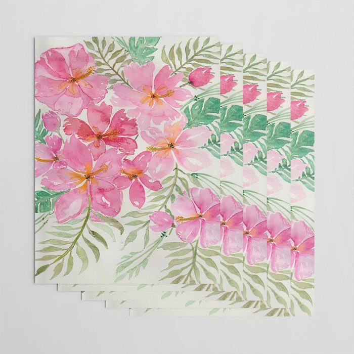 Tropical Pink Hibiscus Watercolor Flowers Wrapping Paper Gallery Image 3