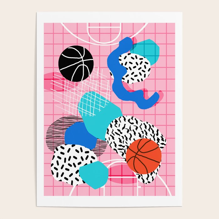 Hot Hand - memphis retro throwback neon grid pattern minimal modern pop art basketball sports Poster Gallery Image 1