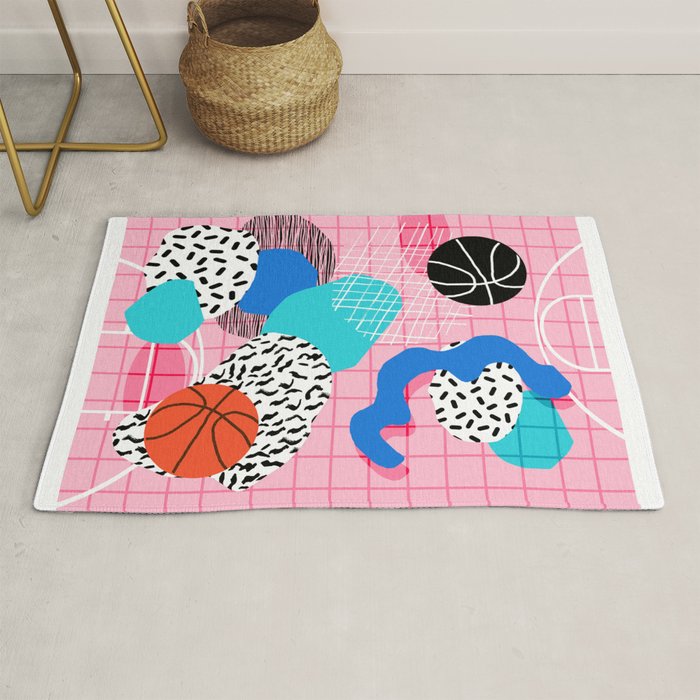 Hot Hand - memphis retro throwback neon grid pattern minimal modern pop art basketball sports Rug Gallery Image 1