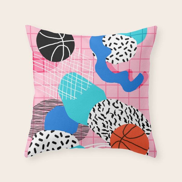 Hot Hand - memphis retro throwback neon grid pattern minimal modern pop art basketball sports Throw Pillow Gallery Image 1
