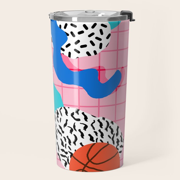 Hot Hand - memphis retro throwback neon grid pattern minimal modern pop art basketball sports Travel Mug Gallery Image 2