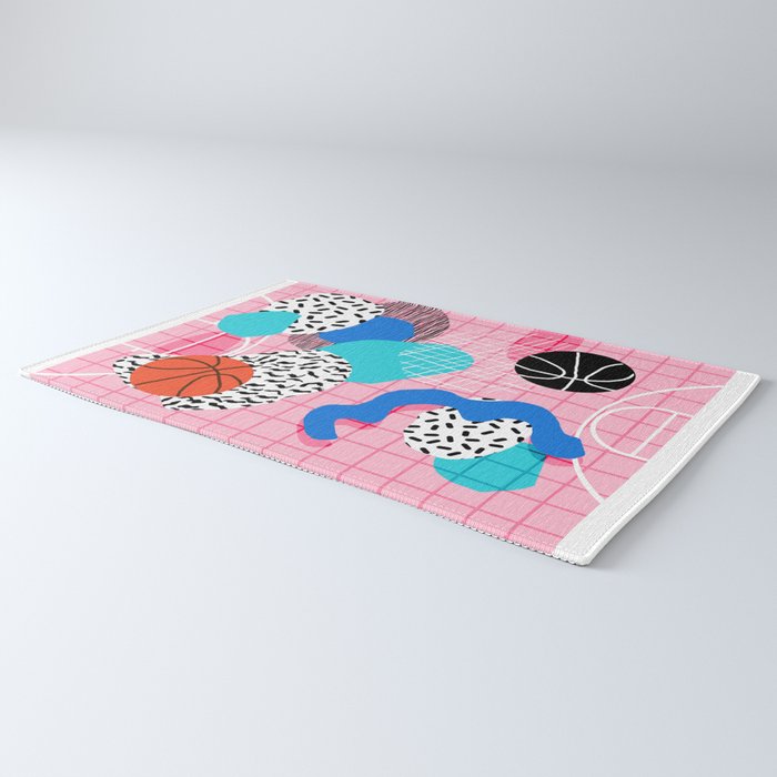 Hot Hand - memphis retro throwback neon grid pattern minimal modern pop art basketball sports Rug Gallery Image 3