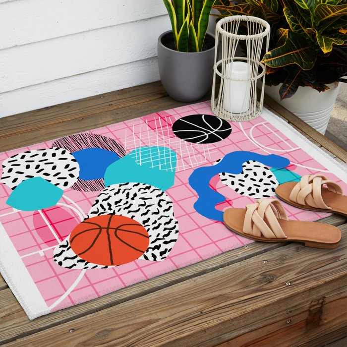 Hot Hand - memphis retro throwback neon grid pattern minimal modern pop art basketball sports Outdoor Rug Gallery Image 2