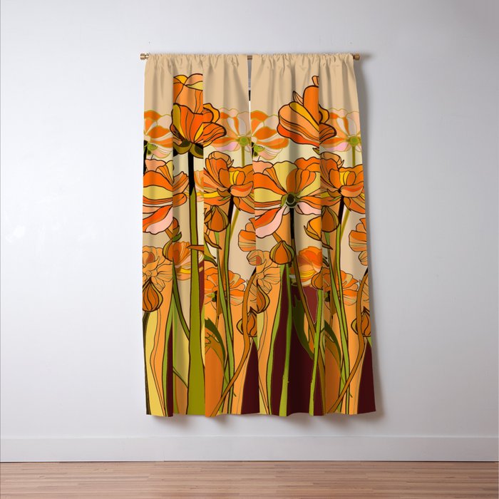 70s, Orange California poppies, mid century, 70s retro, flowers Window Curtain Gallery Image 3
