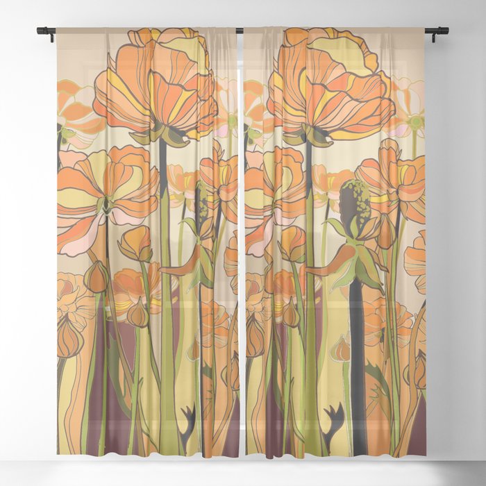 70s, Orange California poppies, mid century, 70s retro, flowers Window Curtain Gallery Image 21