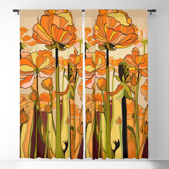 70s, Orange California poppies, mid century, 70s retro, flowers Window Curtain Gallery Image 5
