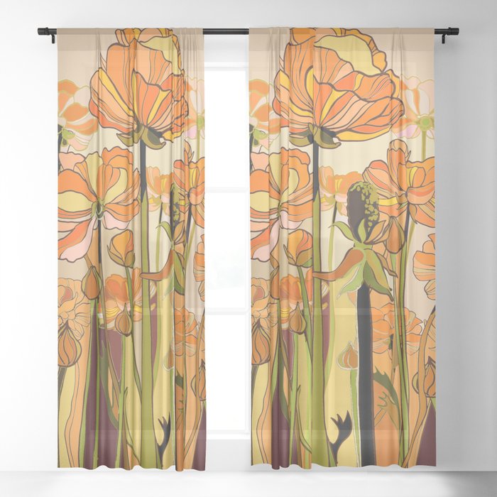 70s, Orange California poppies, mid century, 70s retro, flowers Window Curtain Gallery Image 3
