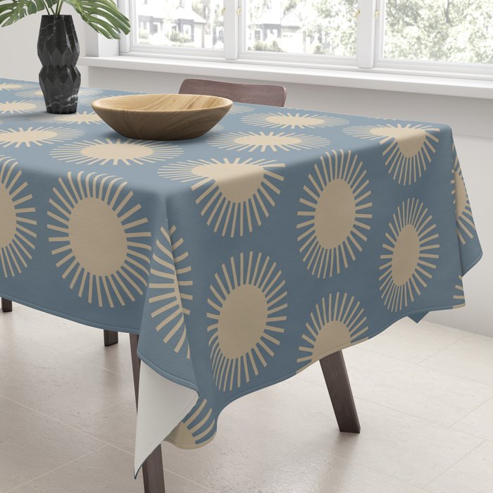 Boho Summer Sun Pattern XVII Blue and Beige Tablecloth Gallery Image 3