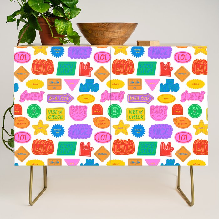 Fun retro sticker quote cartoon pattern Credenza Gallery Image 1