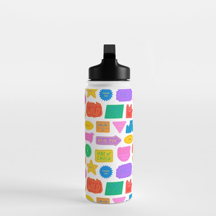 Fun retro sticker quote cartoon pattern Water Bottle Gallery Image 3