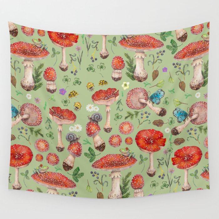 Lovely Red Mushrooms - GreenBG Wall Tapestry Gallery Image 4