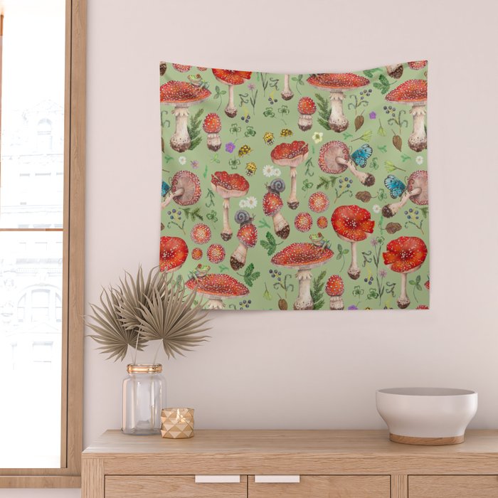 Lovely Red Mushrooms - GreenBG Wall Tapestry Gallery Image 2