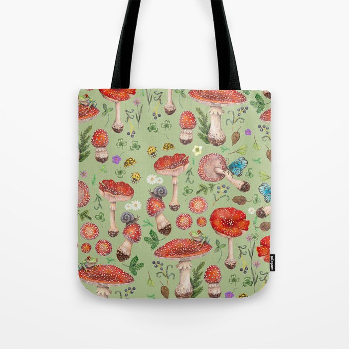 Lovely Red Mushrooms - GreenBG Tote Bag Gallery Image 1