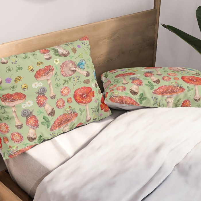 Lovely Red Mushrooms - GreenBG Pillow Sham Gallery Image 2