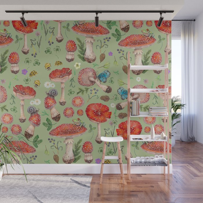 Lovely Red Mushrooms - GreenBG Wall Mural Gallery Image 1