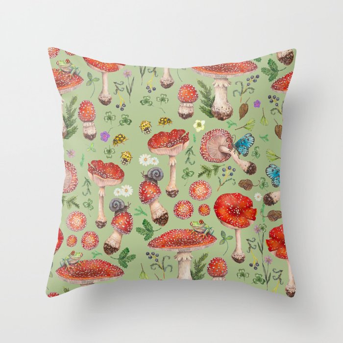 Lovely Red Mushrooms - GreenBG Throw Pillow Gallery Image 6