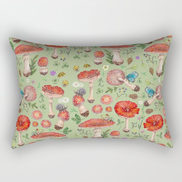 Lovely Red Mushrooms - GreenBG Rectangular Pillow Gallery Image 1