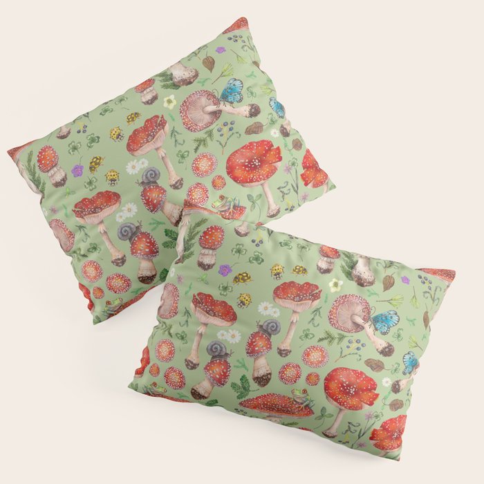 Lovely Red Mushrooms - GreenBG Pillow Sham Gallery Image 3