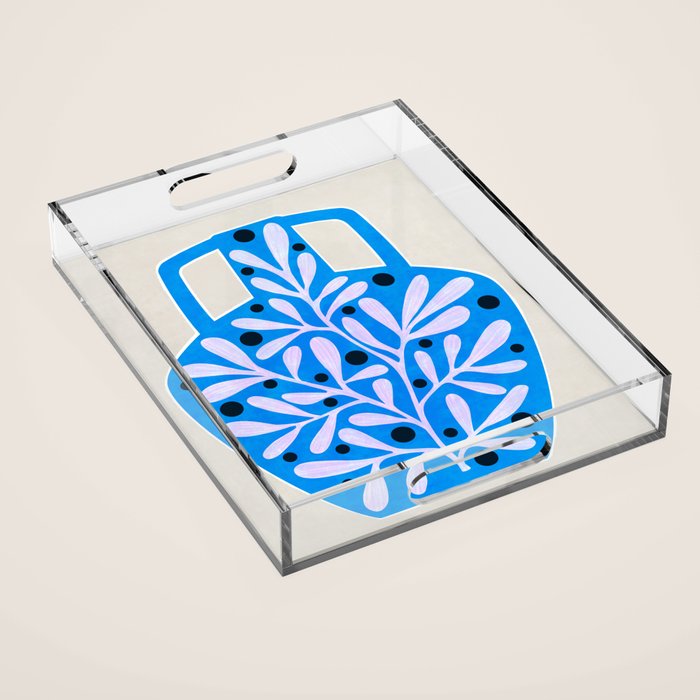 Mediterramean blue vase and leaves Acrylic Tray Gallery Image 1