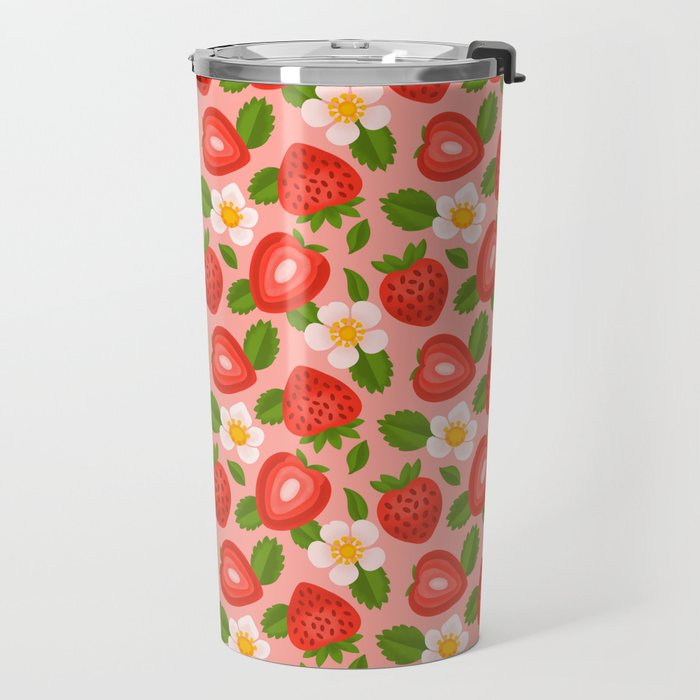 Strawberry Pattern on Pink Travel Mug Gallery Image 2