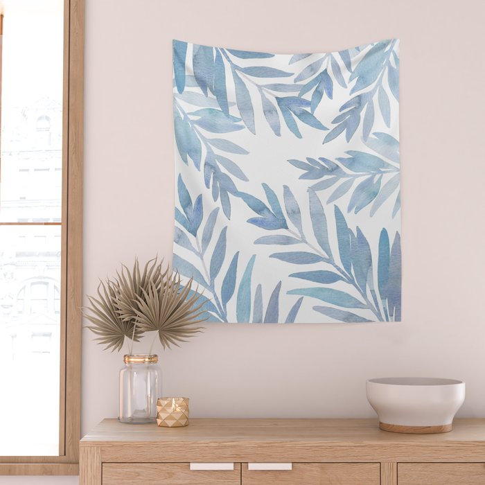 Muted Blue Palm Leaves Wall Tapestry Gallery Image 2